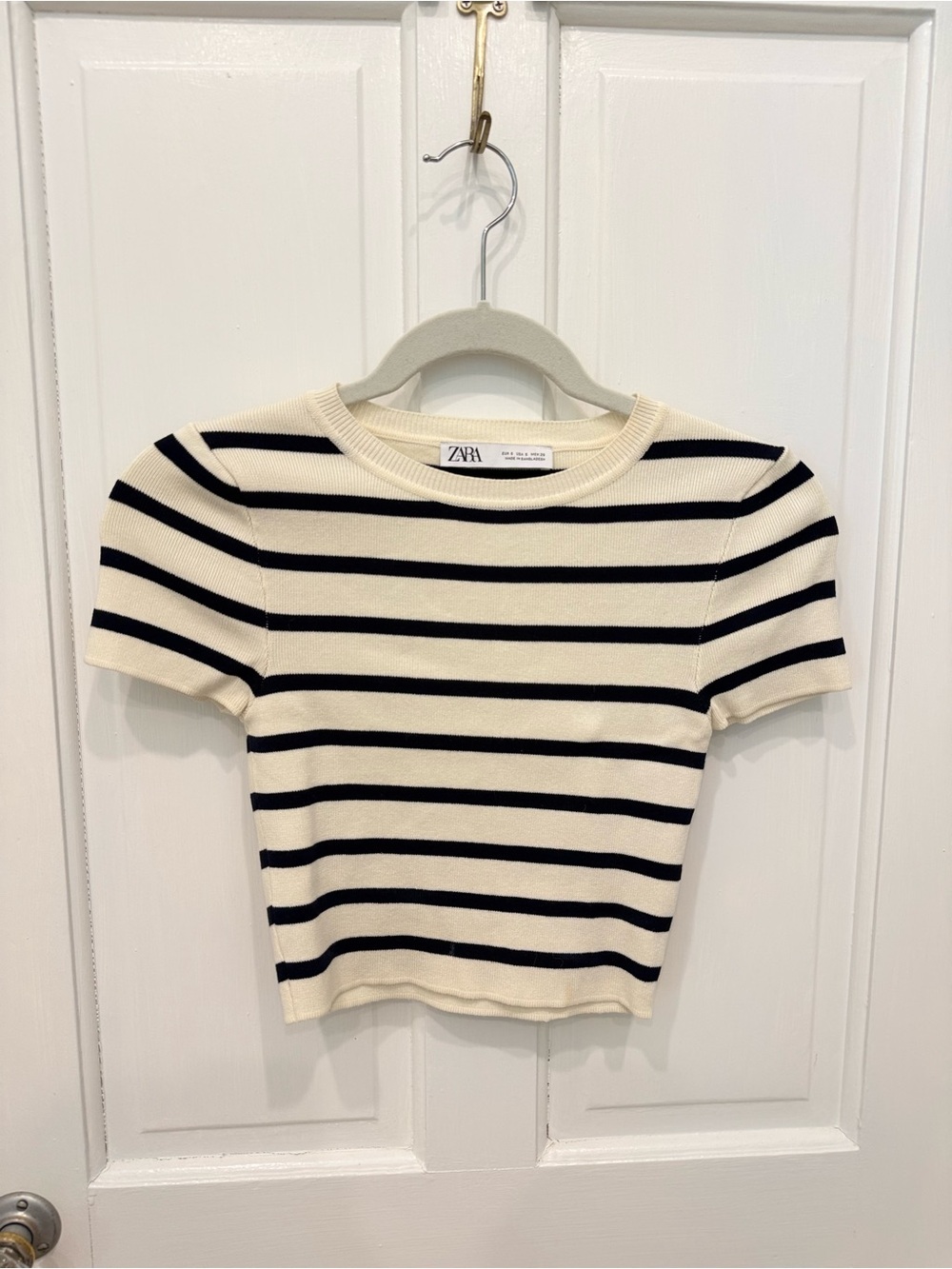 ZARA Cream & Black Striped Short Sleeve Top